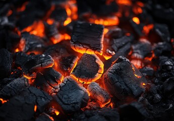 Glowing Charcoal Embers: A Close-Up of Burning Charcoal with Bright Orange Flames and Textured Black Ash for Culinary and Camping Themes