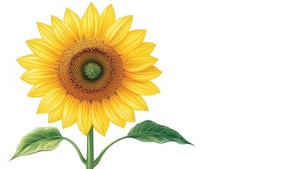 Obraz premium Vibrant yellow sunflower with green leaves isolated on white background.