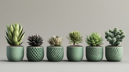 Fototapeta premium A modern display of succulent plants in chic green textured pots, set against a minimalist gray background for a clean, stylish look.