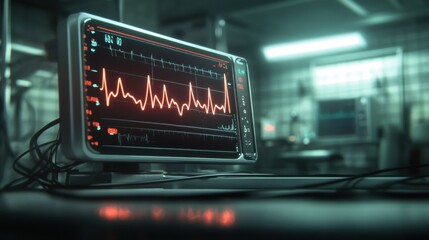 a close-up of a heart rate monitor displaying a steady pulse line on a glowing screen, set in a dimly lit hospital room with subtle medical equipment in the background.