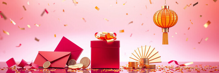 Chinese New Year Celebration Gifts Gold and Red. 3D illustration of traditional chinese ornaments. Space for copy.