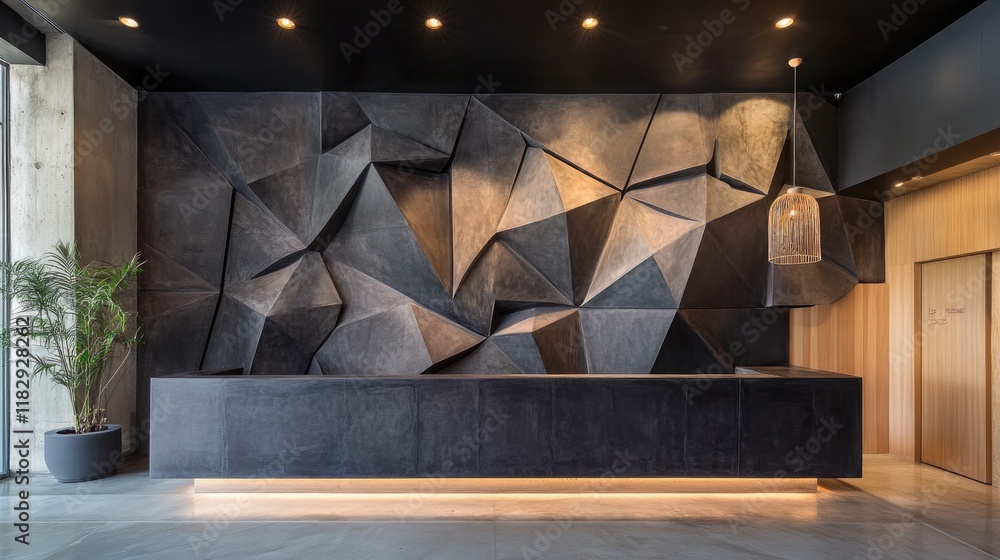 Poster a modern interior design featuring overlapping dark concrete panels with a bold geometric pattern, c