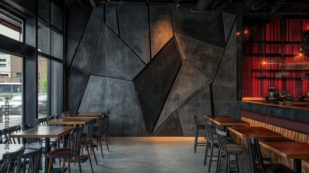 Poster A modern interior design featuring overlapping dark concrete panels with a bold geometric pattern, creating a striking and sophisticated look.