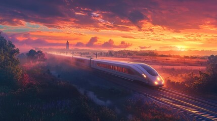 A modern high-speed train cutting through vibrant countryside at dusk, with vivid skies and a tranquil rural setting.