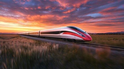 Obraz premium A modern high-speed train cutting through vibrant countryside at dusk, with vivid skies and a tranquil rural setting.