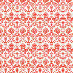 White and red damask seamless pattern with bold baroque motifs. Great for retro wallpaper, textiles, gift wrap, and striking decorative designs.
