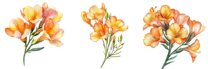 Flower watercolor clipart. Delicate watercolor flowers in vibrant orange hues. on a white background