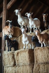 Obraz premium A group of farm goats climbing on bales of hay in a rustic barn