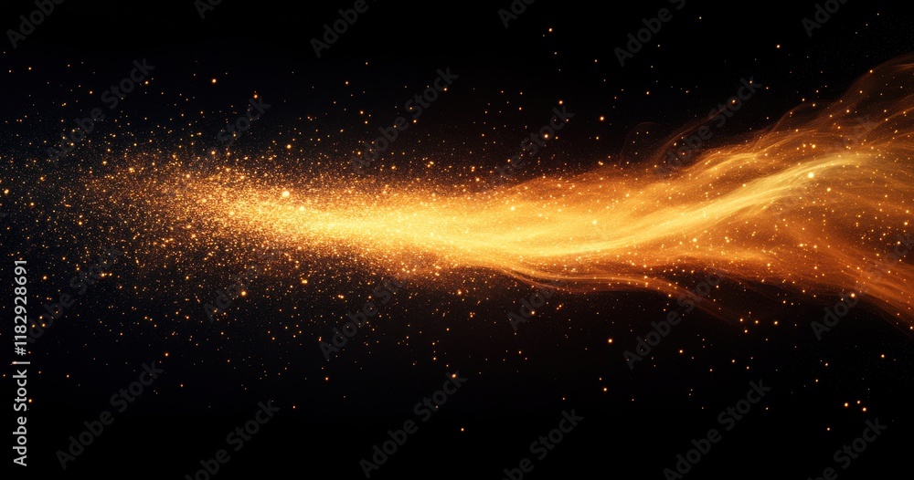 Poster golden trail of light and sparkles on a dark background, creating a magical and enchanting atmospher