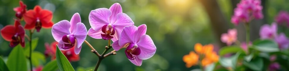 Obraz premium Purple orchid blooms in a garden with other colorful flowers and foliage, colored, plants