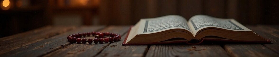 Obraz premium Quran and Rosary on a Wooden Table with Soft Lighting, Worship, Evening