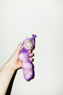 Fresh delicious garlic in purple bag with hard direct flashlight