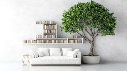 A peaceful living room featuring a modern tree bookshelf with greenery, a stylish white sofa, and minimalist offering a tranquil vibe.