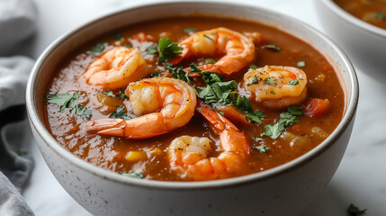 Fototapeta premium Elegant Vegetable Cream Soup with Artful Shrimp Garnish in Warm Daylight