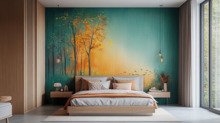 Dreamy bedroom with forest mural and vibrant outdoor view