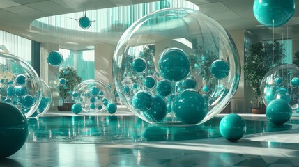 Abstract interior scene featuring floating transparent spheres in a modern space with turquoise highlights and cascading reflections