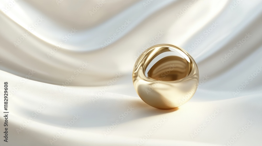 Poster a polished golden sphere gracefully placed on a white wavy backdrop, reflecting light and creating a