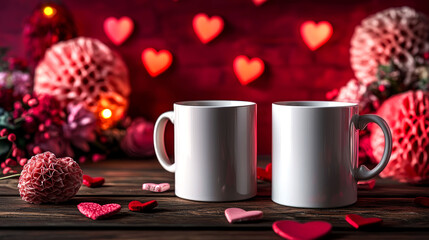 Fototapeta premium Romantic Valentine's Day: Two Mugs on Wooden Table with Hearts and Flowers