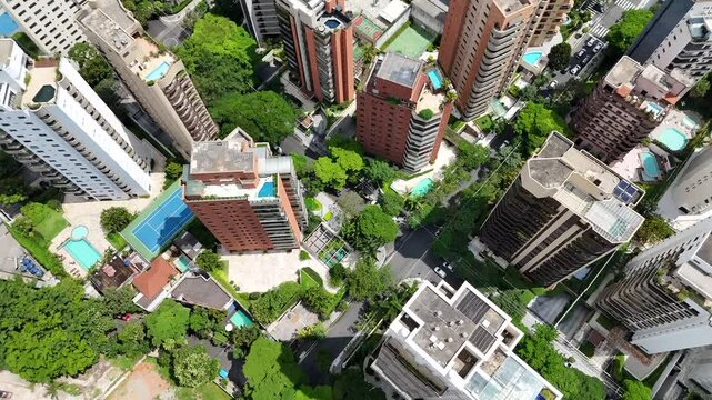Aerial video above Parque Ibirapuera Sao Paulo on a sunny day