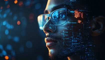Technician with glasses, digital data overlay, futuristic technology, AI