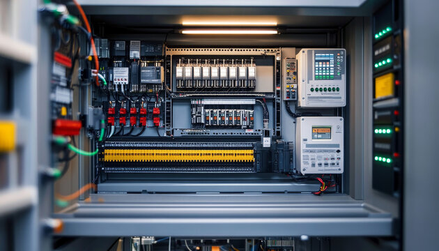 Industrial control panel with wiring and electronic components visible