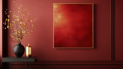 Red minimalist wall art with gold frame and vase on table