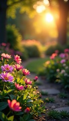 Softly lit garden with blooming flowers and a peaceful sunset background, garden, soft colors
