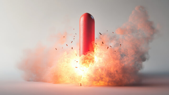 Red firecracker exploding with smoke and sparks