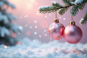 Soft pink snowflakes gently fall on pastel Christmas ornaments hanging on a branch, ornaments hanging, christmas ornaments
