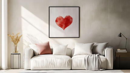 Framed heart art in cozy living room with white sofa