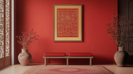 Minimalist red wall art in serene room with vases and bench