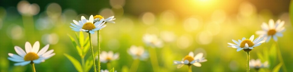 Soft white petals unfold in the gentle morning dew, sunlight, field landscape, white chamomile flowers