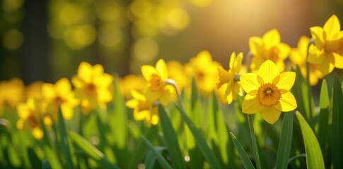 Obraz premium Sunlit garden bed with bright yellow Chetty flowers blooming, spring, flowers, bloom