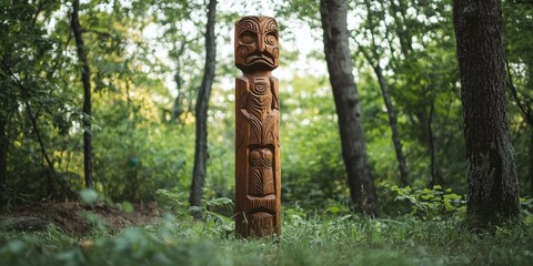 A hand-carved wooden totem standing tall in a forest clearing