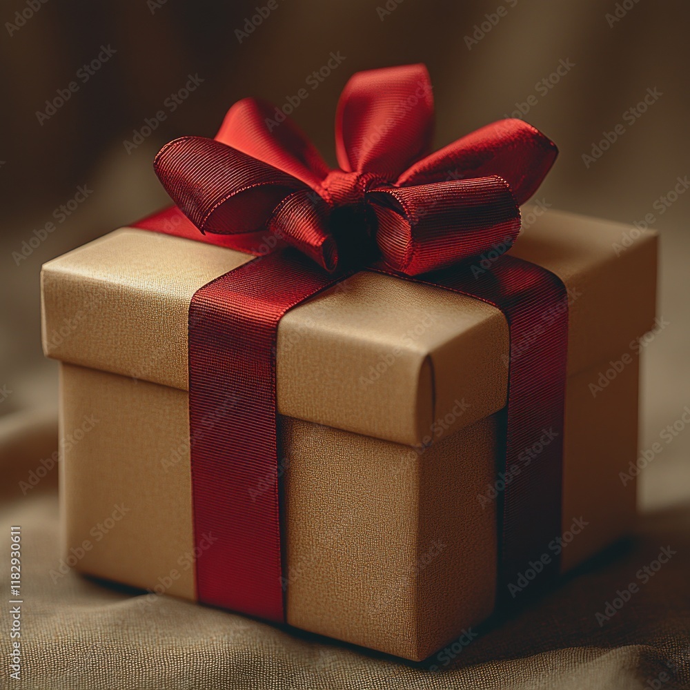 Poster realistic 3d gift box with shiny red ribbon bow isolated on white background with soft lighting and 