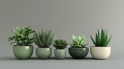Fototapeta premium A selection of different succulents in stylish green pots, offering vibrant greenery against a muted gray background for a modern aesthetic.