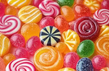 Colorful Assorted Fruit Bonbons and Jelly Beans with Stripes and Glossy Texture