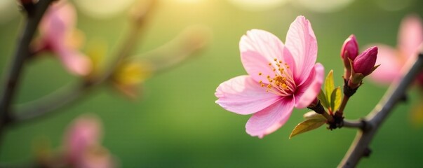The soft pink hue of a peach blossom floats on the breeze amidst lush greenery, floral, peach blossoms, blossom