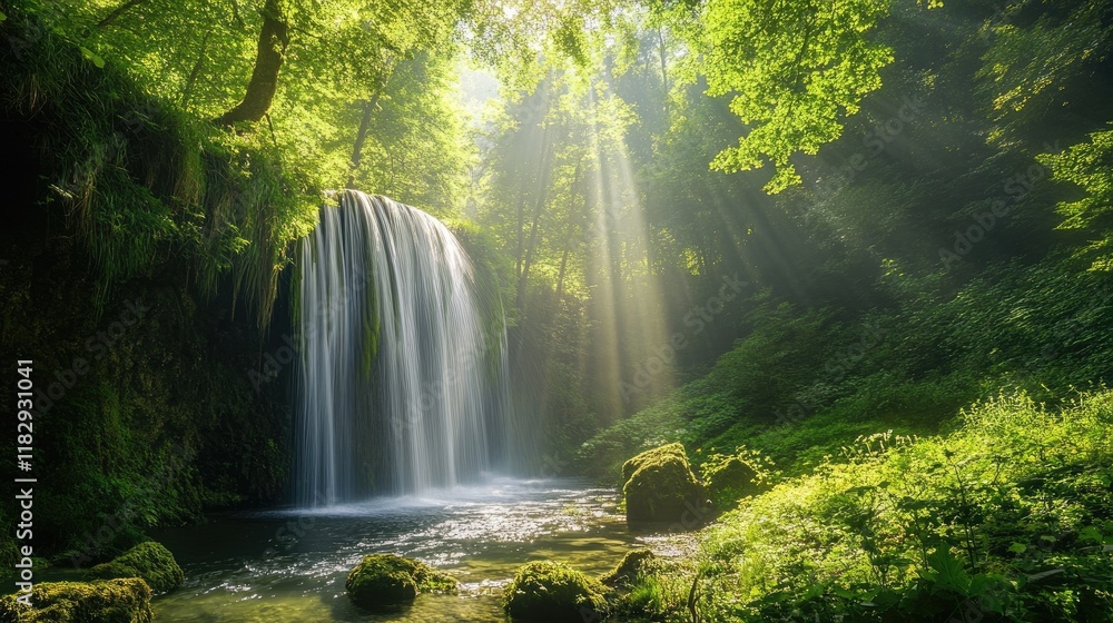 Aufkleber a serene enchanted forest portal with dense greenery and a sunlit waterfall, inviting a sense of mag