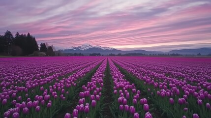 Obraz premium Purple Tulip Field at Sunrise with Mountain View