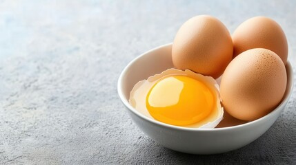 Fresh Eggs in Bowl with Broken Egg and Bright Yellow Yolk