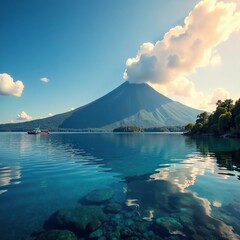 Naklejka premium Towering volcano looming over the serene lake, laguna, water