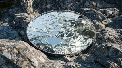 A shattered mirror on rocks, capturing the essence of reflection and contrast, blending the fragile nature of glass with rugged, natural elements.