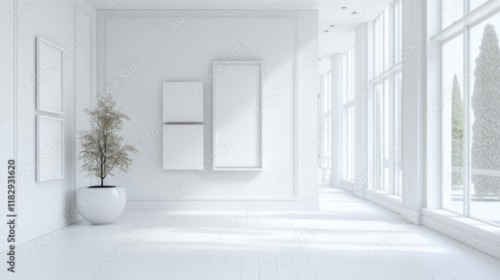 Poster A simple yet stylish white art gallery, showcasing modern art with elegant displays, creating an inviting space for creativity and culture.
