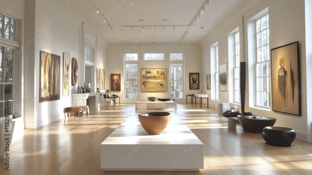 Poster A simple yet stylish white art gallery, showcasing modern art with elegant displays, creating an inviting space for creativity and culture.