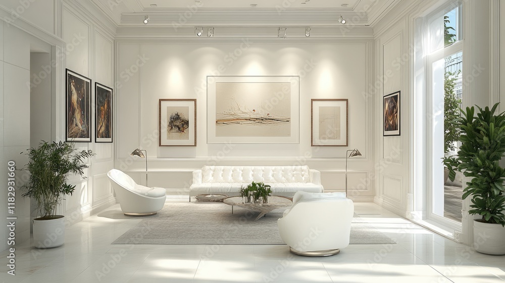 Poster a simple yet stylish white art gallery, showcasing modern art with elegant displays, creating an inv