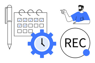 Calendar with check marks, pen, clock in gear metaphor, person pointing, REC button. Ideal for time management, productivity, scheduling, task completion team coordination planning recording