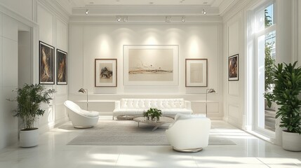 Fototapeta premium A simple yet stylish white art gallery, showcasing modern art with elegant displays, creating an inviting space for creativity and culture.