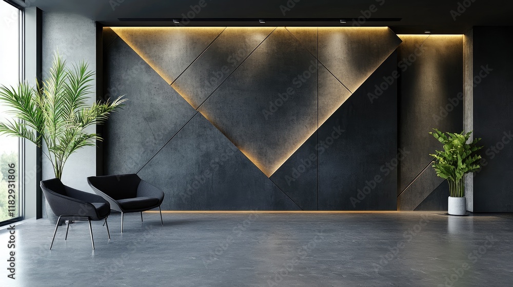 Poster a sleek, modern interior with geometric patterns of dark concrete panels overlapping, embodying mini