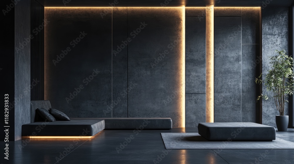 Poster a sleek, modern interior with geometric patterns of dark concrete panels overlapping, embodying mini